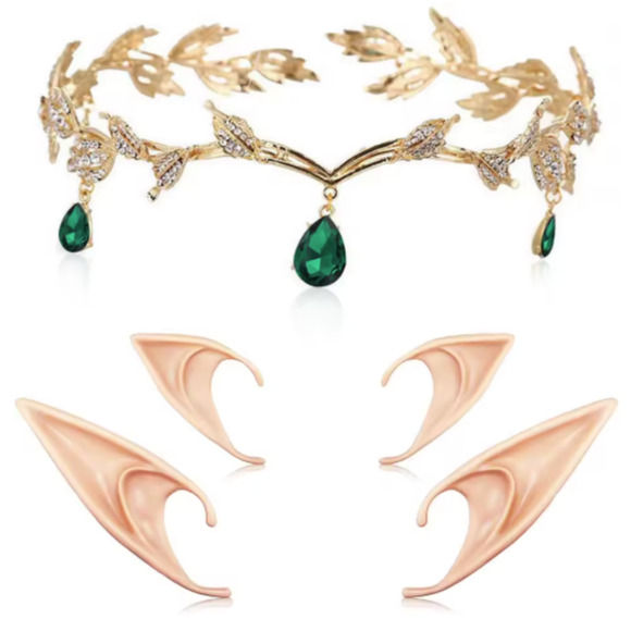 Gold Laurel Tiara Crown Headband - Red Green Clear Iridescent Stones + Elf Ears - Picture 3 of 4
